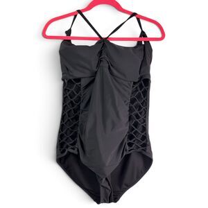 ashley graham x swimsuits for all black one piece swimsuit sz 16 lattice cutout